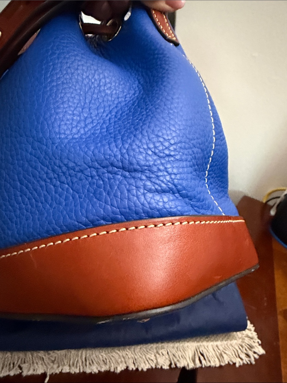 Dooney & Bourke Blue Leather Drawstring Bucket Bag with Brown Trim and Tassels - Picture 7 of 16